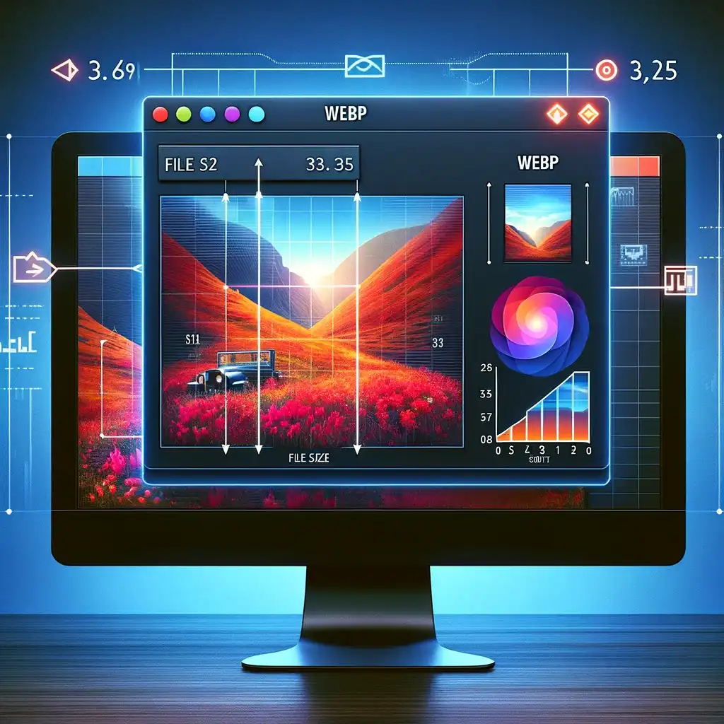 Digital comparison of WebP and JPG image formats showing benefits of WebP for SEO, including better quality and smaller file size on a computer screen.